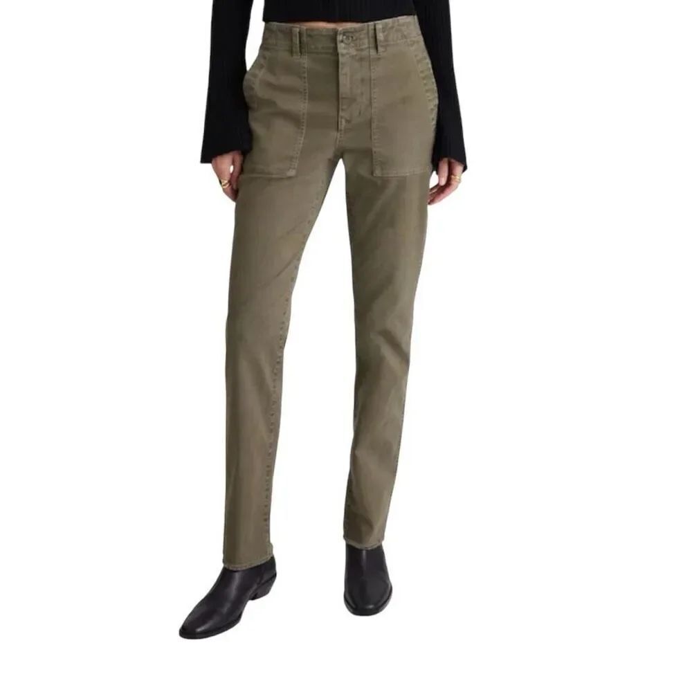 Madewell Slim Straight Utility Cargo pant Green Size 31 Raw Hem Adjustable Waist
